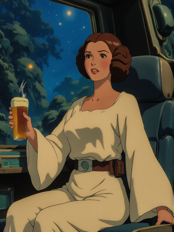 anime style, princess Leia Organa holds a beer in a spaceship<lora:Anime_style:0.9>
