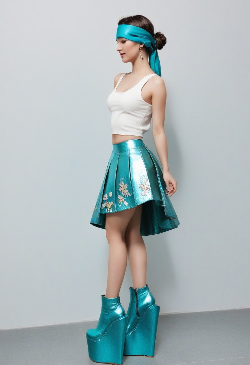 1girl full body shot, side profile, grey floor, white wall, red wall, flower pot, indoor creeper plants, aqua scaping tank, iridescent clothing, Skirt, blindfolded, very high platforms boots, very high wedges shoes, very high platforms shoes, very high heels, very thigh high platforms boots