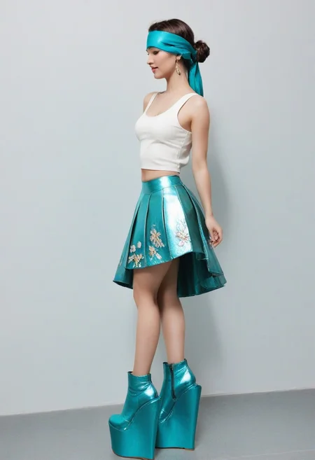 1girl full body shot, side profile, grey floor, white wall, red wall, flower pot, indoor creeper plants, aqua scaping tank, iridescent clothing, Skirt, blindfolded, very high platforms boots, very high wedges shoes, very high platforms shoes, very high heels, very thigh high platforms boots
