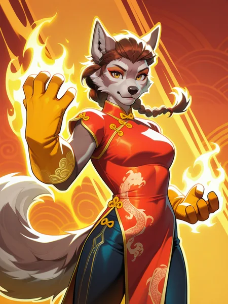 highres, hi res, best quality, masterpiece, intricate details, absurdres, 4k,, semi realistic, cartoon,
1girl, cute wolf girl, furry, china dress, big gloves, braid, pants, tail, brown hair, cute face, nervous, fantasy clothes, energy around, aura,, looking at viewer, dynamic pose, fighting stance, cowboy shot, multicolored background,
, MarvelRivals, <lora:AMarvelRivals_style-06:1>