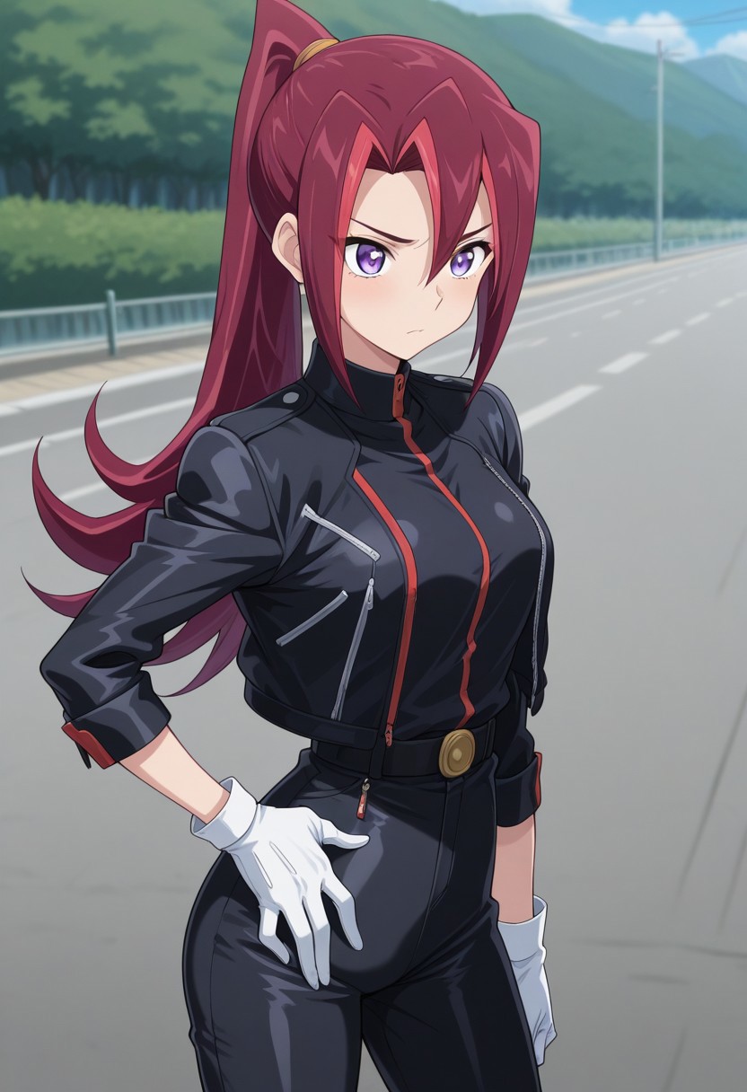 masterpiece,best quality,amazing quality, source_anime, 
KariTsukumo, 1girl, solo, purple eyes, red hair, long hair, ponytail, multicolored hair, jacket, black jacket, gloves, white gloves, black pants, outdoor,