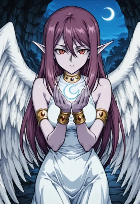 score_9,score_8_up,score_7_up,source_anime,5_figner,2d_animation,game cg,BREAK,1girl,solo,
LQE,pointy ears,dress,armlet,bare shoulders,angel wings,bracelet,feathered wings,hair between eyes,long hair, purple hair  hair,white dress,colored purple skin,red eyes,
medium breast,cowboyshot,standing,looking at viewer,
cupping hands,crescent moon\(symbol\),
looking at viewer, indoor,underground Palace,
medium breast,looking at viewer,
masterpiece,best qualit,ultra-detailed,illustration,an extremely delicate and beautiful,beautiful detailed eyes,unity 8k wallpaper,high resolution,anime CG,official_art,Erotic_style,anime_coloring, anime_screencap,