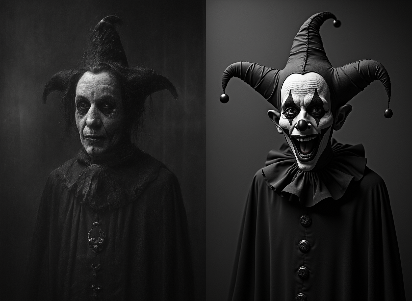 01dPh0t0, sinister, eerie, black and white photo, dark, shadow, distorted, grainy, film grain, medieval, court jester, ugly, deformed