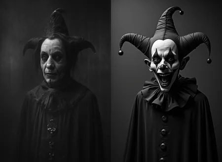 01dPh0t0, sinister, eerie, black and white photo, dark, shadow, distorted, grainy, film grain, medieval, court jester, ugly, deformed