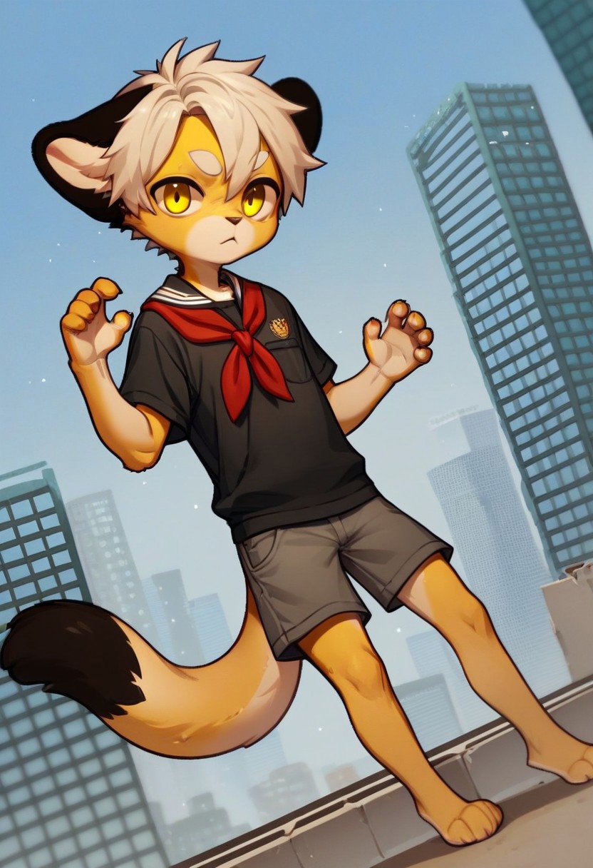 solo, furry, anthro, mikus, 1boy, solo, paws, boy, petite boy, slim boy, small boy, (white hair, dark yellow eyes, yellow fur, dotted eyebrows, small eyebrows, white eyebrows, white fur, yellow paws, (tail tip black:1.3), black ears), Soviet schoolgirl uniform, frilled apron, red neckerchief, score_8_up, score_7_up, score_6_up, score_5_up, score_4_up, outdoors, cityscape, dutch angle, random pose, spontaneous pose, random view, view from different angles, shorts, chibi