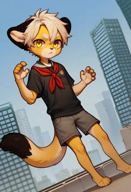 solo, furry, anthro, mikus, 1boy, solo, paws, boy, petite boy, slim boy, small boy, (white hair, dark yellow eyes, yellow fur, dotted eyebrows, small eyebrows, white eyebrows, white fur, yellow paws, (tail tip black:1.3), black ears), Soviet schoolgirl uniform, frilled apron, red neckerchief, score_8_up, score_7_up, score_6_up, score_5_up, score_4_up, outdoors, cityscape, dutch angle, random pose, spontaneous pose, random view, view from different angles, shorts, chibi