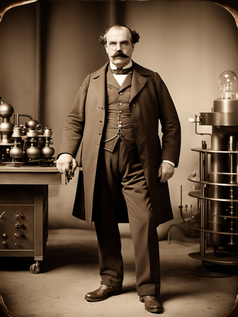 cinematic photo walking, angry crazy victorian inventor (1 man:1.3) corpulent  Bob James Braun with moustache <lora:BarnumAtelier-SDXLa:1> portrait, full-body, detailed skin, skin imperfections, skin pores, laboratory full of equipment, sepia . 35mm photograph, film, bokeh, professional, 4k, highly detailed