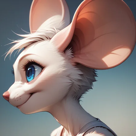 <lora:BeckieMouse_1G:0.8> white anthro mouse, B3ck13M0us3, close up, face focus, profile, smiling, closed mouth, mouse snout, blue eyes, detailed eyes, white tank top cleavage, ear hole,