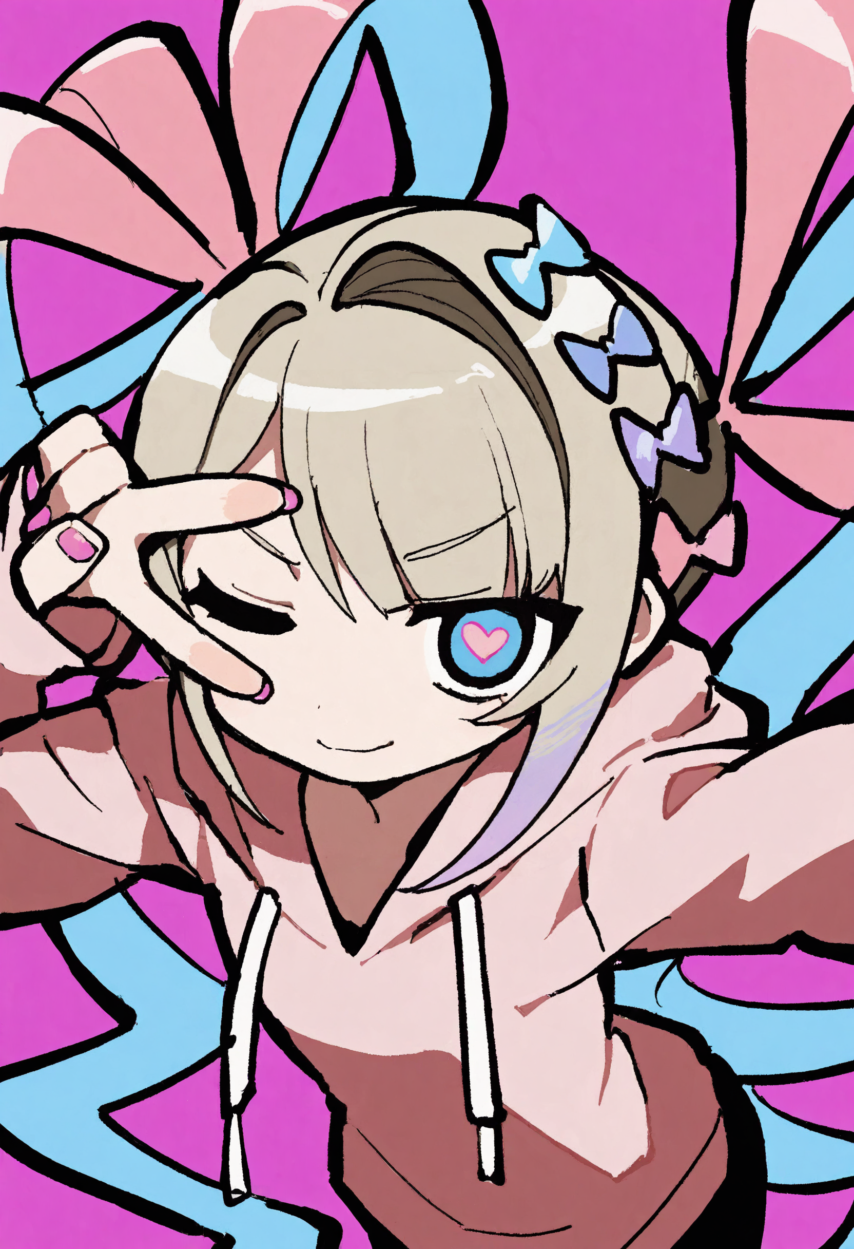 masterpiece, best quality, absurdres, very aesthetic, highres, very awa,
odyk, jaggy lines, solo, 1girl, quad tails, chouzetsusaikawa tenshi-chan, heart-shaped pupils, one eye closed, light smile, v over eye, pink nails, from above, pink hoodie,
<lora:odyk:0.9>