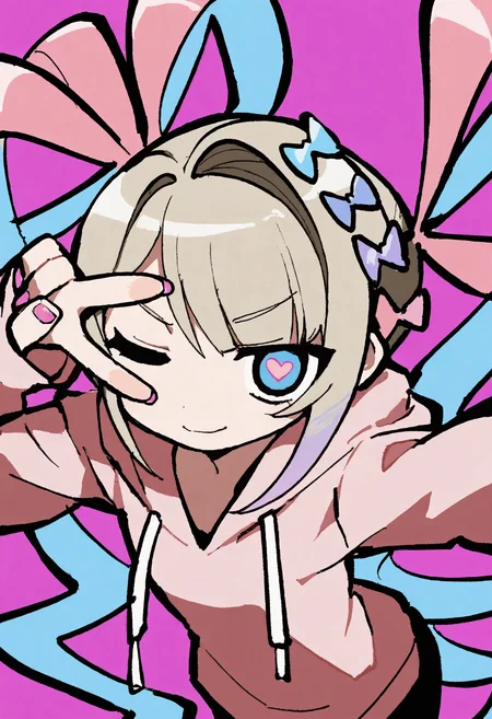 masterpiece, best quality, absurdres, very aesthetic, highres, very awa,
odyk, jaggy lines, solo, 1girl, quad tails, chouzetsusaikawa tenshi-chan, heart-shaped pupils, one eye closed, light smile, v over eye, pink nails, from above, pink hoodie,
<lora:odyk:0.9>