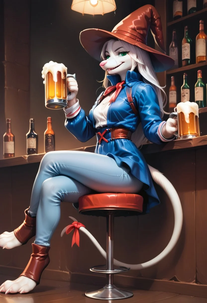 score_9,score_8_up,score_7_up, source_anime,
FreyaC, female, white fur, silver hair, green eyes, pink nose, long hair, body fur, tail, tail ribbon,
bmcostume, hat,
looking at viewer, smirk, holding a pint of beer, sitting on a chair, bar stool, bar toy, leaning on the bar counter, wild west bar background
