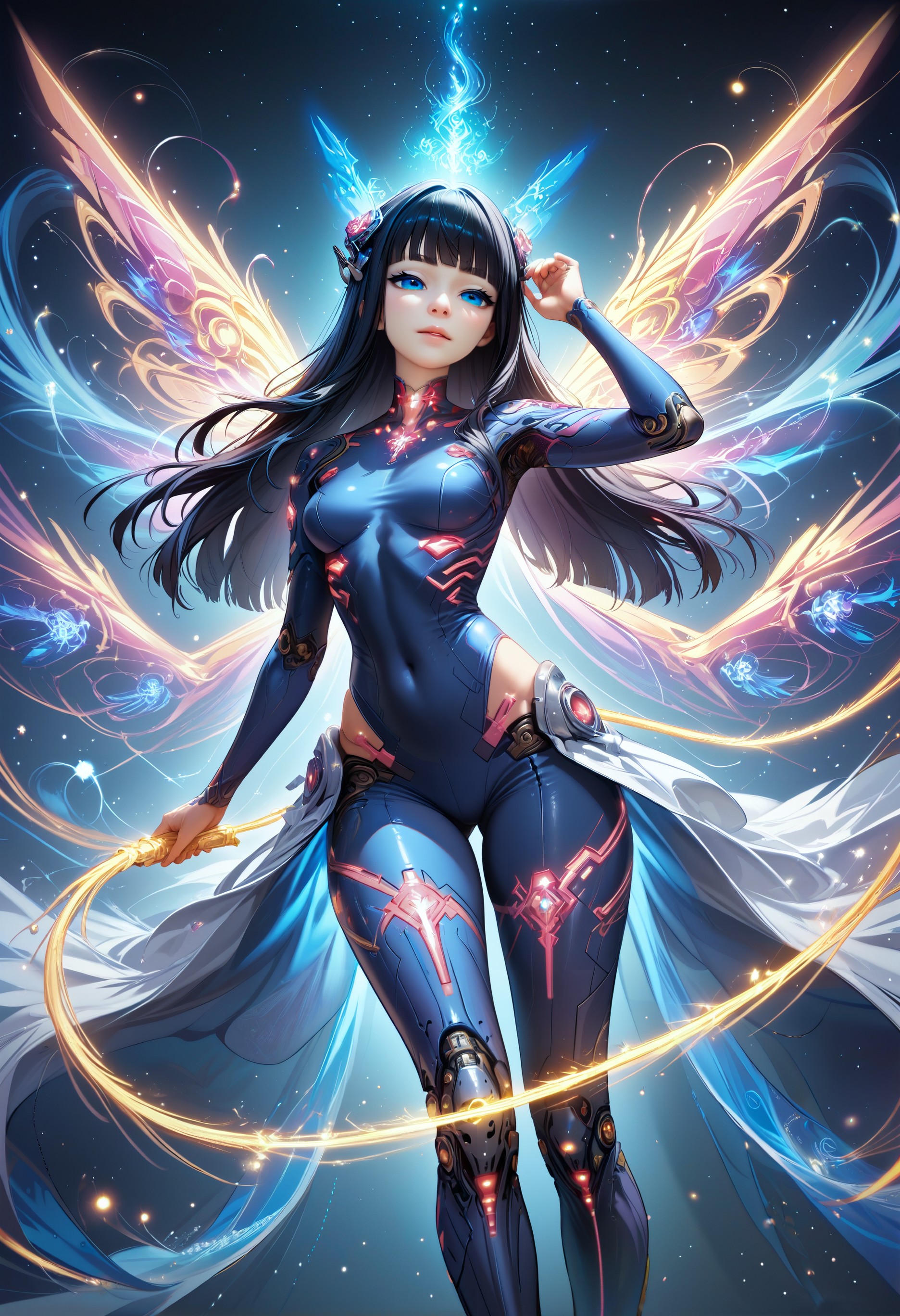 Score_9, score_8_up, score_7_up, score_6_up, score_5_up, score_4_up, source_anime,   himari, Black hair, long hair, black eyes, 1girl, bangs, lumina, mystical, multicolored, glowing, magic swirling, glowing magical energy, flower,  bloom,  wisps, plants, fantasy setting, overgrown city, mechanical parts, cable, female, humanoid robot, cyberpunk, cyborg, joints, mechanical arms, glowing eyes, mechanical legs,  robot, magic flowing, magical binding, flowing through body, glowing podyparts, dynamic pose, arm up, grabing cable, skintight clothes, bodysuit, floating, mid air, , black eyes, blue eyes, mixing colors, mechanical wings, energy wings, half closed eyes, cropped legs, close up,   <lora:Himari:0.6> <lora:Expressive_H:0.7>Expressiveh <lora:Selftrained\Lumina_Mystica:0.7>