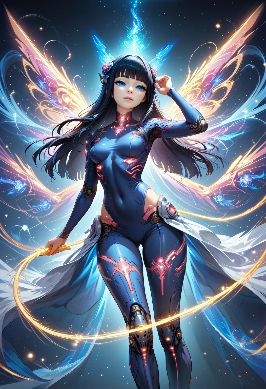 Score_9, score_8_up, score_7_up, score_6_up, score_5_up, score_4_up, source_anime, himari, Black hair, long hair, black eyes, 1girl, bangs, lumina, mystical, multicolored, glowing, magic swirling, glowing magical energy, flower, bloom, wisps, plants, fantasy setting, overgrown city, mechanical parts, cable, female, humanoid robot, cyberpunk, cyborg, joints, mechanical arms, glowing eyes, mechanical legs, robot, magic flowing, magical binding, flowing through body, glowing podyparts, dynamic pose, arm up, grabing cable, skintight clothes, bodysuit, floating, mid air, , black eyes, blue eyes, mixing colors, mechanical wings, energy wings, half closed eyes, cropped legs, close up, <lora:Himari:0.6> <lora:Expressive_H:0.7>Expressiveh <lora:Selftrained\Lumina_Mystica:0.7>