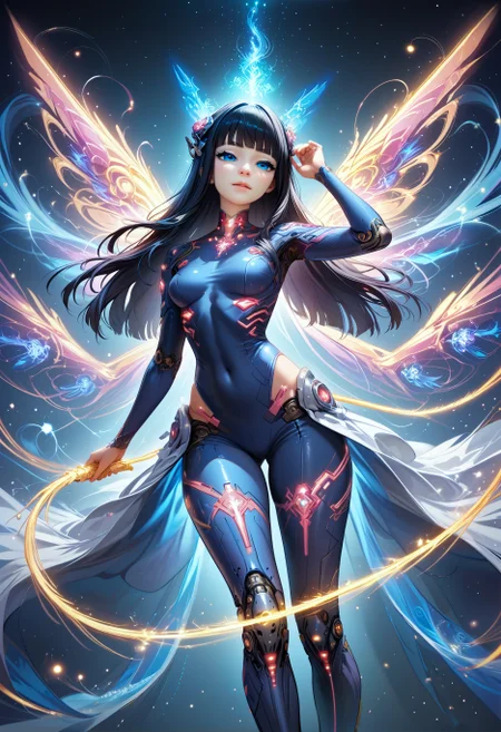 Score_9, score_8_up, score_7_up, score_6_up, score_5_up, score_4_up, source_anime, himari, Black hair, long hair, black eyes, 1girl, bangs, lumina, mystical, multicolored, glowing, magic swirling, glowing magical energy, flower, bloom, wisps, plants, fantasy setting, overgrown city, mechanical parts, cable, female, humanoid robot, cyberpunk, cyborg, joints, mechanical arms, glowing eyes, mechanical legs, robot, magic flowing, magical binding, flowing through body, glowing podyparts, dynamic pose, arm up, grabing cable, skintight clothes, bodysuit, floating, mid air, , black eyes, blue eyes, mixing colors, mechanical wings, energy wings, half closed eyes, cropped legs, close up, <lora:Himari:0.6> <lora:Expressive_H:0.7>Expressiveh <lora:Selftrained\Lumina_Mystica:0.7>