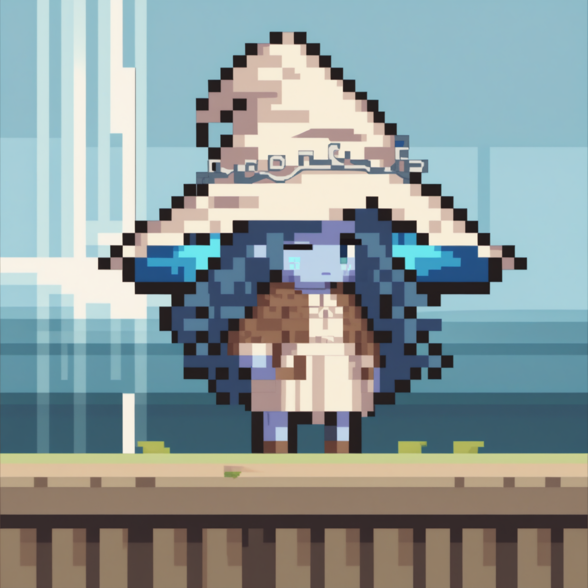 score_9, score_8_up, score_7_up, source_anime, 1girl, chibi, pixel art, full body, <lora:ChibiPixelArtV2_XLPD:1>, <lora:Ranni_XLPD_CAME:1> IncrsXLRanni, wavy hair, cracked skin, blue skin, colored skin, extra arms, extra faces, doll joints, white dress, witch hat, brown cloak, outdoors, one eye closed,