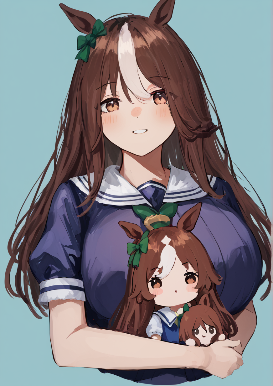 1girl, nice nature (umamusume), tokai teio (umamusume), huge breast, :d, :o, animal ears, blue background, blush, bow, brown eyes, brown hair, character doll, cropped torso, doll, ear bow, green bow, holding, holding doll, horse ears, long hair, multicolored hair, parted lips, puffy short sleeves, puffy sleeves, purple shirt, school uniform, shirt, short sleeves, smile, solid circle eyes, solo, streaked hair, tracen school uniform, twintails, upper body, white hair,zPDXL3,  handfixer <lora:HandFixer_pdxl_Incrs_v1:1> <lora:pikuson:0.8>