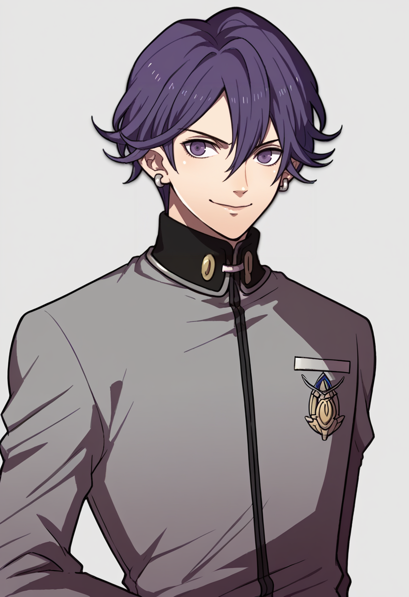 score_9, score_8_up, score_7_up, source_anime BREAK 1boy, solo,
<lora:zs_FE3HPortraitsXL:1> fe3hportraits, upper body, white background
<lora:-pdxl_Fp:1> naoyap1, school uniform, purple eyes, grey pants, single earring, emblem, smile, closed mouth, confidant
