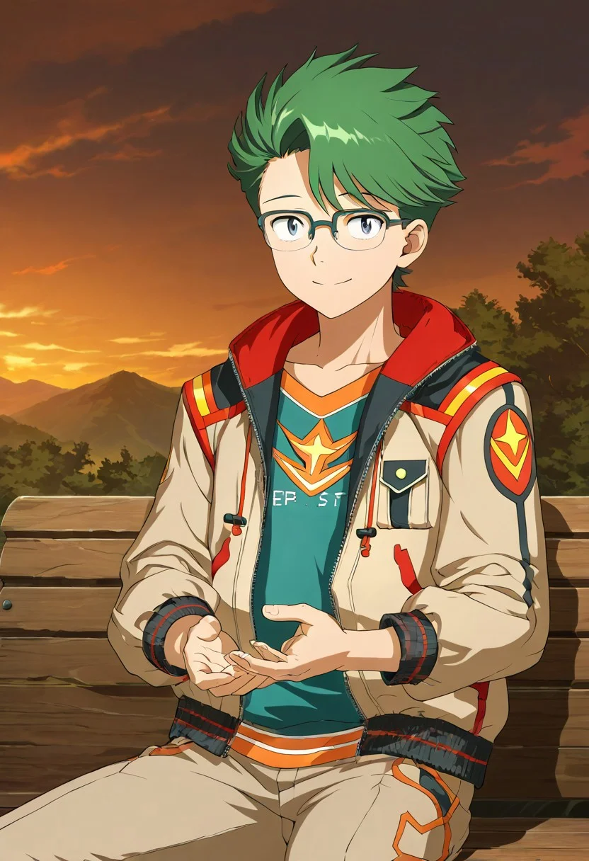 gb4_tao, green hair, short hair, grey eyes, 1boy, solo, male focus, glasses, jacket, anime style, anime draw style, detailed eyes, perfect hands, high quality, best quality, masterpiece, outdoor setting, sit on wooden bench