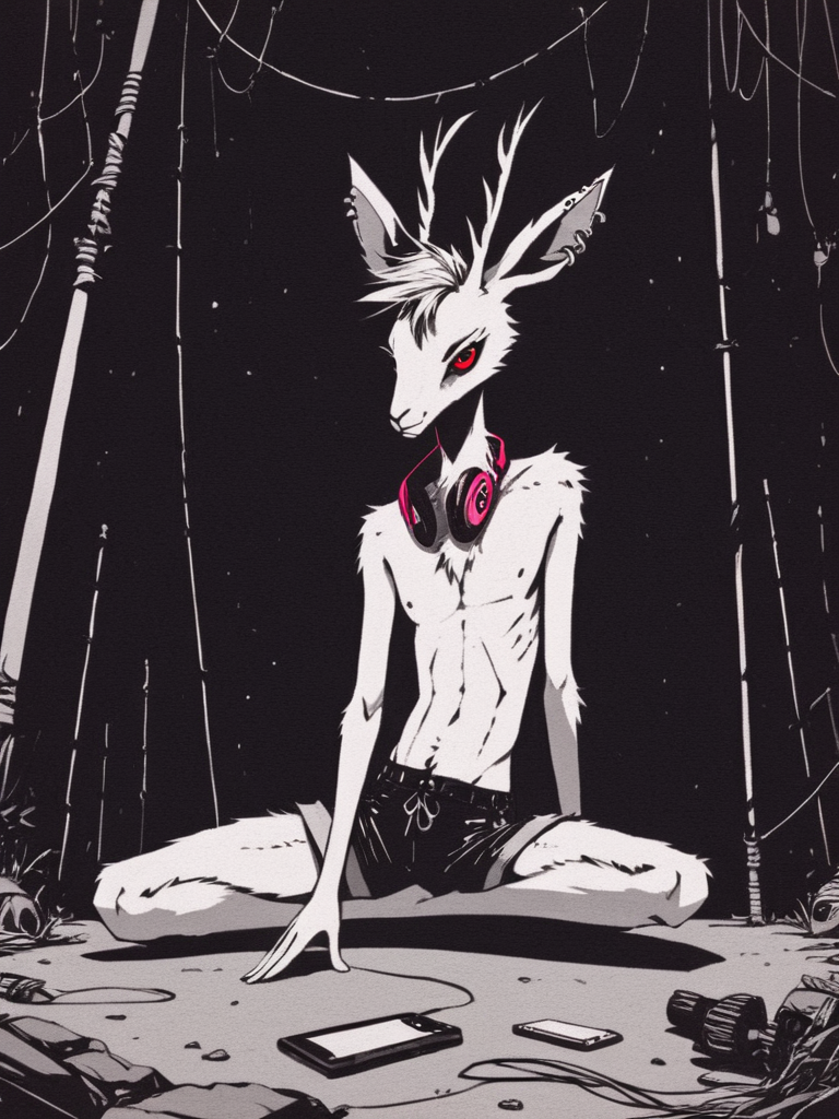 <lora:Psychedemon-000009:1>,
<lora:Xenotrip_v.2:0.6>,
<lora:Concept Art DarkSide Style LoRA_SeaArt Furry XL 1.0:0.7>,
score_9_up, score_8_up, score_7_up, score_6_up, furry_source, xenotr1p, concept art, dark theme, low light, backlight, radiating power, in front,
dark shadow of a terrible creature bent over of (anthro deer male) with (headphones on ears listening) to (postpunk) music from (smartphone), (posing, sitting on ground), got tangled in wires, skinny, white goat, red eyes, animal legs, detailed fur, loose outfit,
moody, grim, emotional, [otherwordly],
<lora:add-detail-xl:0.7>,
<lora:RMSDXL_Enhance:2>,
<lora:great_lighting:3>,