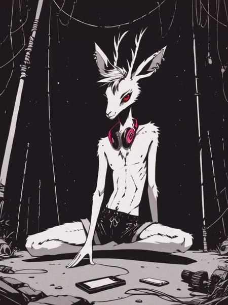 <lora:Psychedemon-000009:1>,
<lora:Xenotrip_v.2:0.6>,
<lora:Concept Art DarkSide Style LoRA_SeaArt Furry XL 1.0:0.7>,
score_9_up, score_8_up, score_7_up, score_6_up, furry_source, xenotr1p, concept art, dark theme, low light, backlight, radiating power, in front,
dark shadow of a terrible creature bent over of (anthro deer male) with (headphones on ears listening) to (postpunk) music from (smartphone), (posing, sitting on ground), got tangled in wires, skinny, white goat, red eyes, animal legs, detailed fur, loose outfit,
moody, grim, emotional, [otherwordly],
<lora:add-detail-xl:0.7>,
<lora:RMSDXL_Enhance:2>,
<lora:great_lighting:3>,