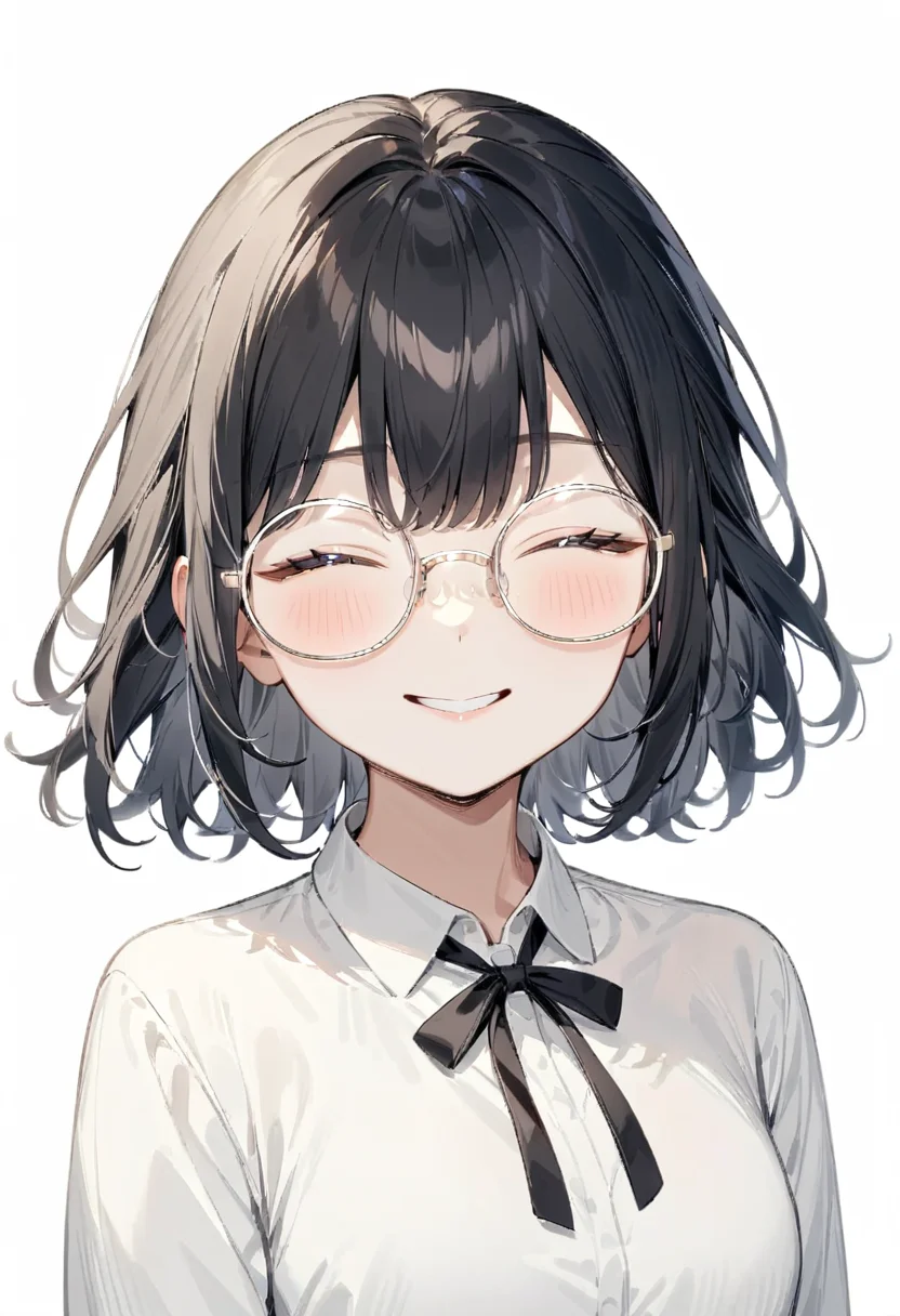 masterpiece, best quality, very aesthetic, absurdres,
1girl, solo, black hair, medium hair, smile, looking at viewer, closed eyes, upper body, collared shirt,
round_glasses22A, white-framed eyewear, 
white background, simple background,
 <lora:round_glasses_metal-frame_SDXL_V1:1>