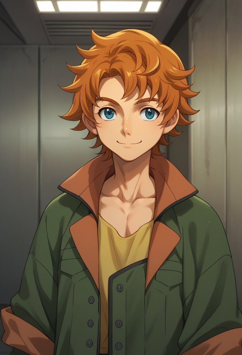 score_9, score_8_up, score_7_up, source_anime, highly detailed, 
ridemass, 1boy, male focus, solo, smile, blue eyes, upper body, orange hair, jacket, green jacket, rolled up sleeves, 
indoor, hangar,