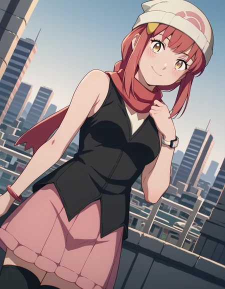 score_9, score_8_up, score_7_up, source_anime, makima, <lora:chainsaw-man-makima-s1-ponyxl-lora-nochekaiser:1> makima, long hair, smile, bangs, yellow eyes, braid, red hair, braided ponytail, ringed eyes, medium breasts,, <lora:dawn-pokemon-cosplay-ponyxl-lora-nochekaiser:1>, dawnpokemoncosplay, dawn \(pokemon\) \(cosplay\), bare shoulders, beanie, black shirt, black socks, bracelet, hat, jewelry, kneehighs, miniskirt, pink skirt, red scarf, scarf, shirt, skirt, sleeveless, sleeveless shirt, white headwear,, cityscape, street, smile, blush,, cowboy shot, dutch angle, solo,