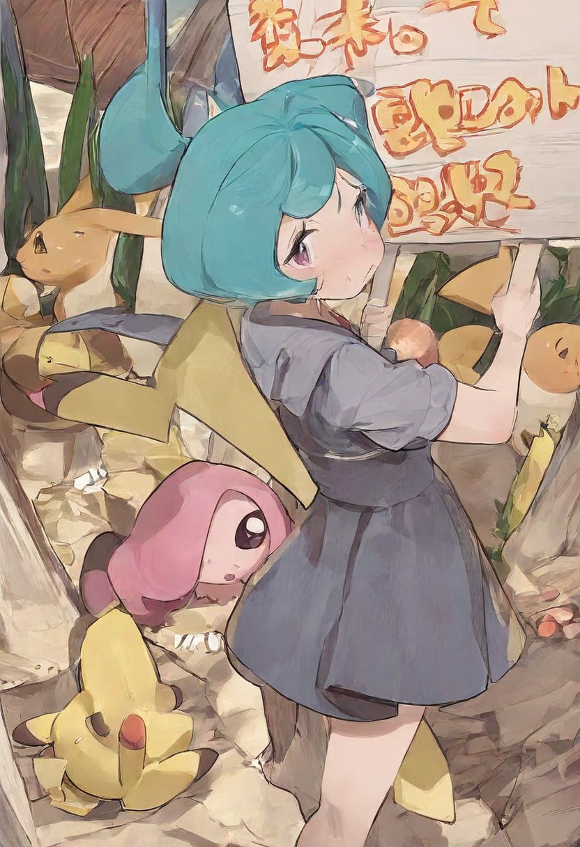 Beautiful girl , holding sign with text "need buzz", beautiful light.(Huging Pikachu with Pokemon) droopy masterpiece, best quality, very aesthetic