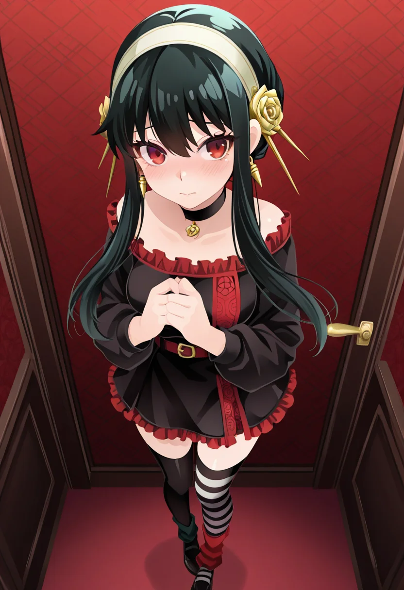 masterpiece, best quality, 1girl, solo, eyelashes, (beautiful eyes), Yor Briar, 1girl, black hair, red eyes, short hair with long locks, hands together, blush, shy, from above, C0utur3Cr4z3, 1girl, solo, skirt, thighhighs, ribbon, frills, choker, socks, striped, belt, miniskirt, zettai ryouiki, striped thighhighs, asymmetrical legwear, Lfashion, , mismatched legwear, leg warmers, gothic, <lora:CoutureCraze_IXL:1.0>,