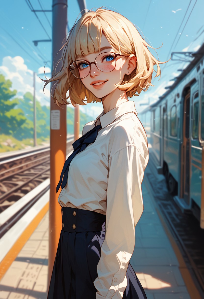 score_9, score_8_up, score_7_up, score_6_up, score_5_up, score_4_up, 1girl, (score_9, score_8_up:1.1), score_7_up, short blonde hair,  blunt bangs, blue eyes, big squared eyeglasses, small breasts, slim, pale skin, freckles, standing, shy smile, closed lips, ((outside train station))