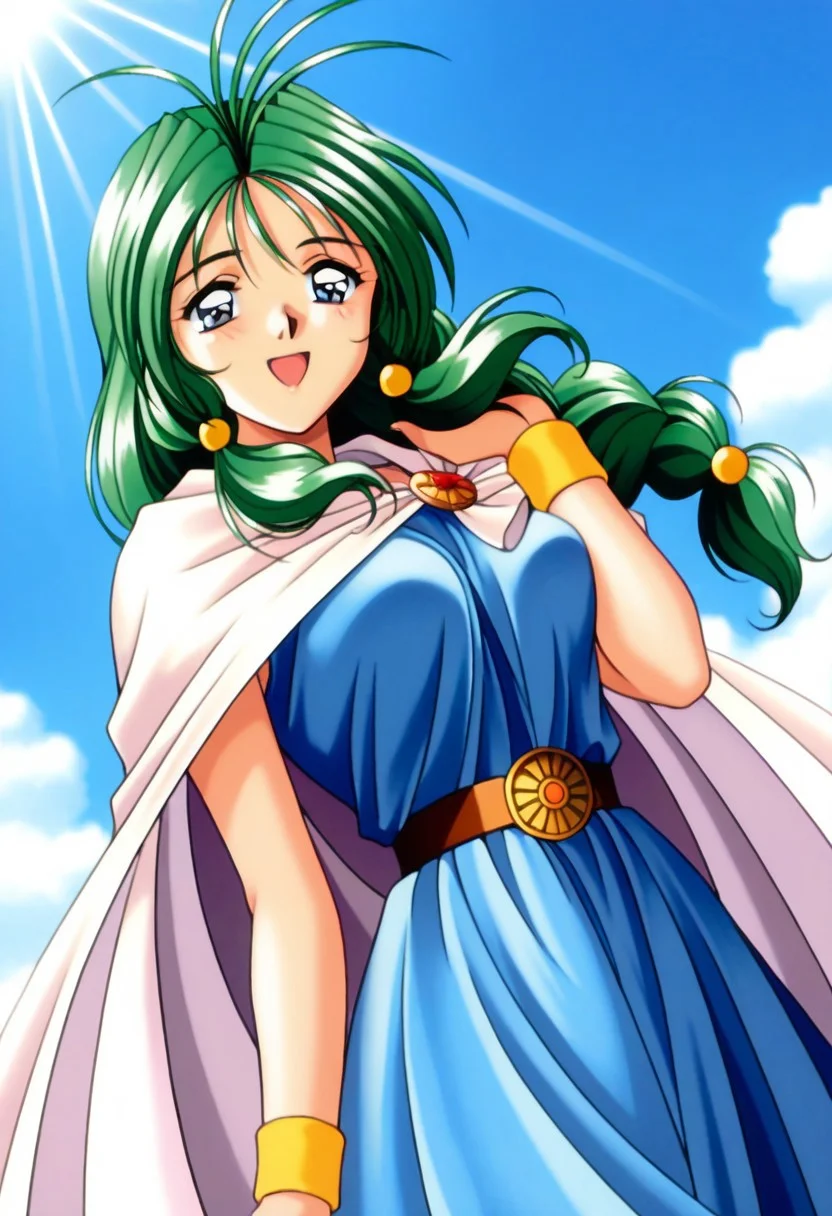 masterpiece, best quality, amazing quality, very aesthetic, high resolution, 1girl, cowboy shot, anime-style, digital art, high resolution, cute girl, smiling, sunlight, bright, clear sky, blue sky, clouds, daytime, outdoor, wind blowing her hair, dynamic pose, cheerful mood, light reflections, detailed background, high quality, beautiful, attractive, light rays, bright lighting, sky, joyful, happy, energetic, bright atmosphere, detailed shading, anime aesthetics, vibrant, lively, braid, jewelry, belt, cape, blue dress, wristband, retro artstyle, 1990s \(style\),
clairemm, blue eyes, green hair, antenna hair, long hair, low-tied long hair, hair bobbles, medium breasts, mature female,