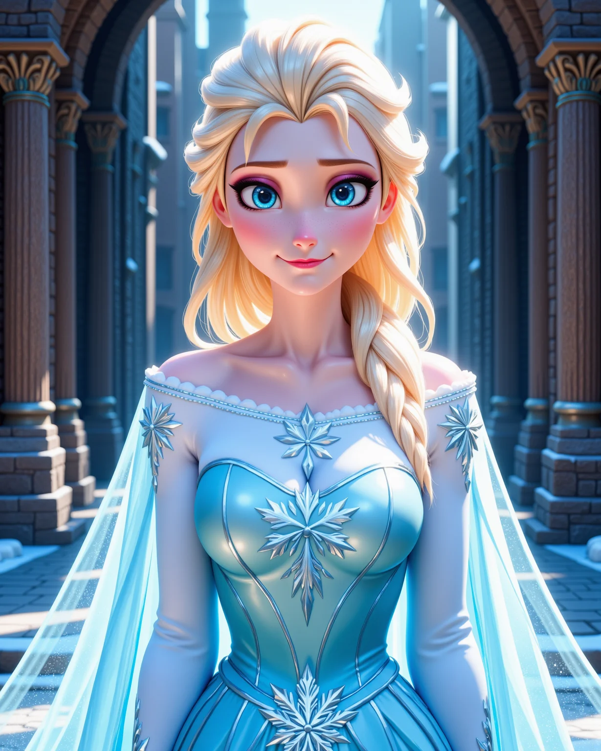 -looking at viewer, outdoors daylight, a 20 year old adult mature woman. smirking
<lora:Frozen_-_Elsa_v2_000030:1> f-elsa, blue eyes, blonde hair 
wearing an ice blue off-shoulder gown with sparkling snowflake patterns, sheer icy cape flowing from back
front view, passport style with upper body in frame