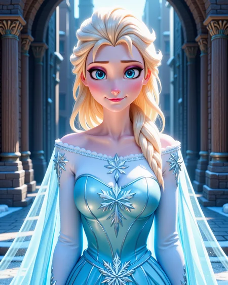 -looking at viewer, outdoors daylight, a 20 year old adult mature woman. smirking
<lora:Frozen_-_Elsa_v2_000030:1> f-elsa, blue eyes, blonde hair
wearing an ice blue off-shoulder gown with sparkling snowflake patterns, sheer icy cape flowing from back
front view, passport style with upper body in frame