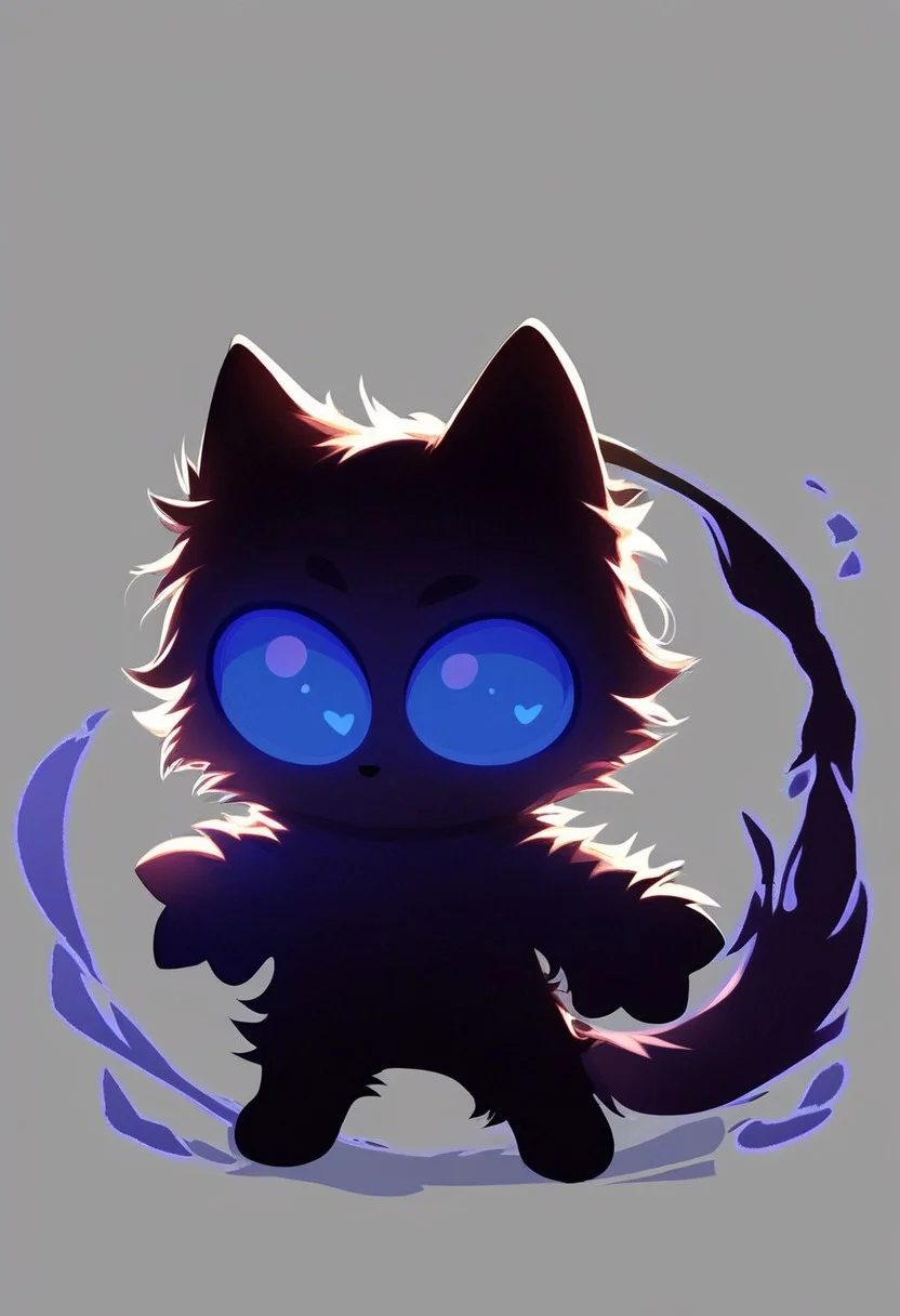 score_9, score_8_up, score_7_up, shadow_cat, black cat, silhouette, shadow energy, blue sclera, no pupils, gray background, blue aura, mikus-concept, mikus-concept, full body, big eyes, chibi