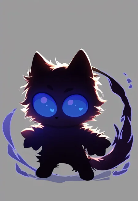score_9, score_8_up, score_7_up, shadow_cat, black cat, silhouette, shadow energy, blue sclera, no pupils, gray background, blue aura, mikus-concept, mikus-concept, full body, big eyes, chibi