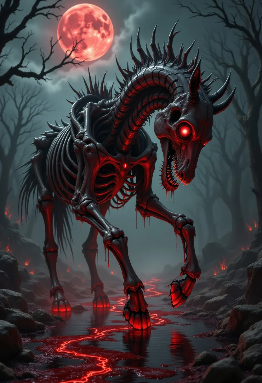 A terrifying close-up of a monstrous skeletal vampire horse, its jagged bones glistening with a slick, blood-red sheen. The horse’s skeletal frame is twisted and gnarled, with sharp, elongated spines protruding from its back and ribs. Its eye sockets glow with a malevolent crimson light, and its jagged teeth are stained with fresh blood, dripping onto the ground below. Its mane and tail are made of writhing, shadowy tendrils that seem to move on their own, as if alive. The horse’s hooves are cracked and charred, leaving smoldering, bloody footprints in its wake. A river of thick, dark blood flows around its feet, pooling and bubbling as if boiling from within. The background is a nightmarish landscape of dead, twisted trees, with a blood-red moon casting an eerie glow over the scene. The air is thick with fog, and faint, ghostly whispers echo in the distance. Every detail, from the jagged fractures in its bones to the way blood clings to its form, creates a horrifying vision of a creature born of darkness, death, and carnage