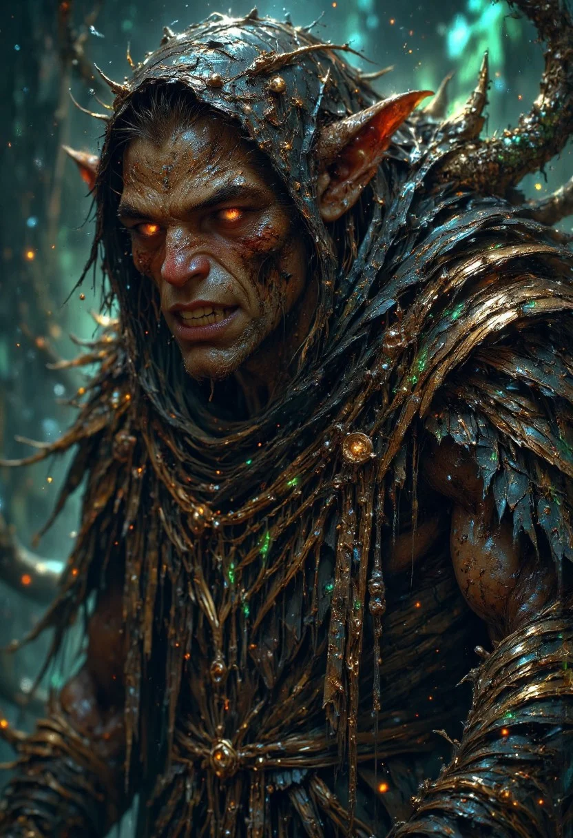 Depict an ancient goblin shaman, hunched and cloaked in tattered, shadowy robes adorned with arcane symbols that faintly glow a sickly green. His skin is a rough, mottled texture, marked with scars and decay, with gnarled, twisted features that evoke both age and malice. His sharp, yellowed teeth are partially visible in a sinister snarl, and his eyes burn with a piercing, unnatural glow, casting a terrifying gaze toward the viewer. The background is an ominous, fragmented gradient of dark greens and blacks, with faint, ghostly wisps swirling around, creating an eerie, supernatural fog. The fabric of his cloak appears worn and frayed, interwoven with spiderwebs and strands of moss, amplifying the sense of ancient, decaying mysticism. Every wrinkle, scar, and rune is meticulously detailed, drawing the viewer into a world where dark magic and horror intertwine. This composition emphasizes the goblin's terrifying, primordial aura within a dark, mystical setting