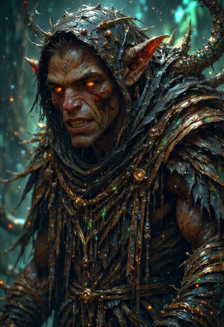 Depict an ancient goblin shaman, hunched and cloaked in tattered, shadowy robes adorned with arcane symbols that faintly glow a sickly green. His skin is a rough, mottled texture, marked with scars and decay, with gnarled, twisted features that evoke both age and malice. His sharp, yellowed teeth are partially visible in a sinister snarl, and his eyes burn with a piercing, unnatural glow, casting a terrifying gaze toward the viewer. The background is an ominous, fragmented gradient of dark greens and blacks, with faint, ghostly wisps swirling around, creating an eerie, supernatural fog. The fabric of his cloak appears worn and frayed, interwoven with spiderwebs and strands of moss, amplifying the sense of ancient, decaying mysticism. Every wrinkle, scar, and rune is meticulously detailed, drawing the viewer into a world where dark magic and horror intertwine. This composition emphasizes the goblin's terrifying, primordial aura within a dark, mystical setting