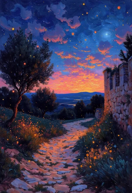 oil painting,OByouhua,
A cozy oil painting of a pebble path going up towards a beautiful, blood-orange sunset with blue hue. On the left of the path are olive trees, on the right of the path is an old and worn out wall. The path is full of fireflies. The colors are intense, conveying a sense of isolation and vastness. The brushstrokes are bold and sweeping, while the fireflies are the focus of detail.