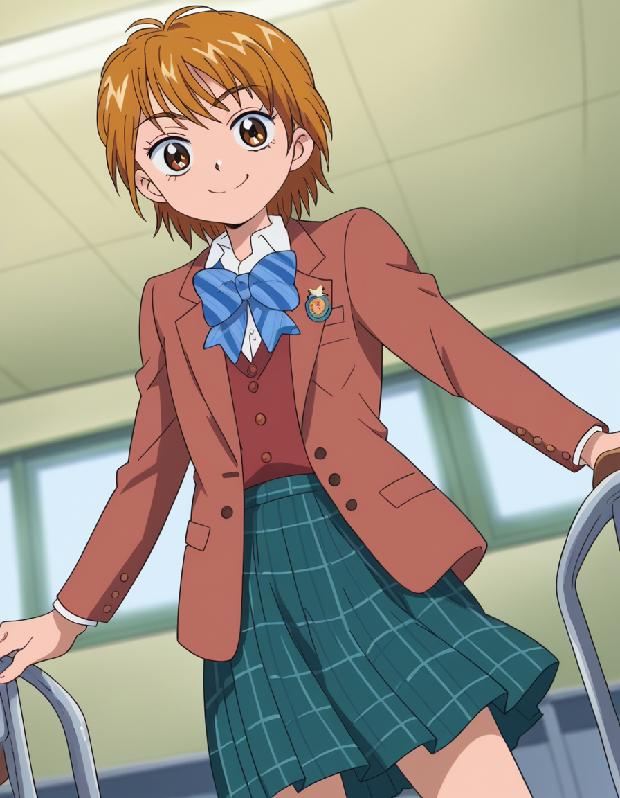 score_9, score_8_up, score_7_up, source_anime, <lora:nagisa-misumi-anime-ponyxl-lora-nochekaiser:1>, nagisa misumi, short hair, brown hair, brown eyes,, skirt, bow, school uniform, jacket, bowtie, blue bow, blazer, brown jacket, plaid, plaid skirt, green skirt, red blazer,, indoors, smile, looking at viewer, solo,, cowboy shot, dutch angle