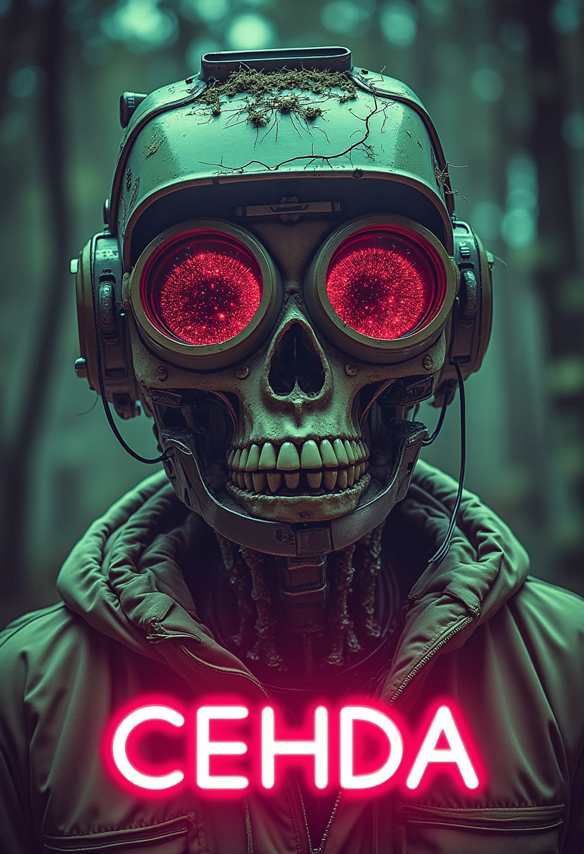 yfg-cehda poster, glow, neon, clean, high key photo, lower thirds text "YFG CEHDA", Skull, vector art, haunted house, zoom layer, indifferent, scanlines, Agustin Fernandez, savanna forest