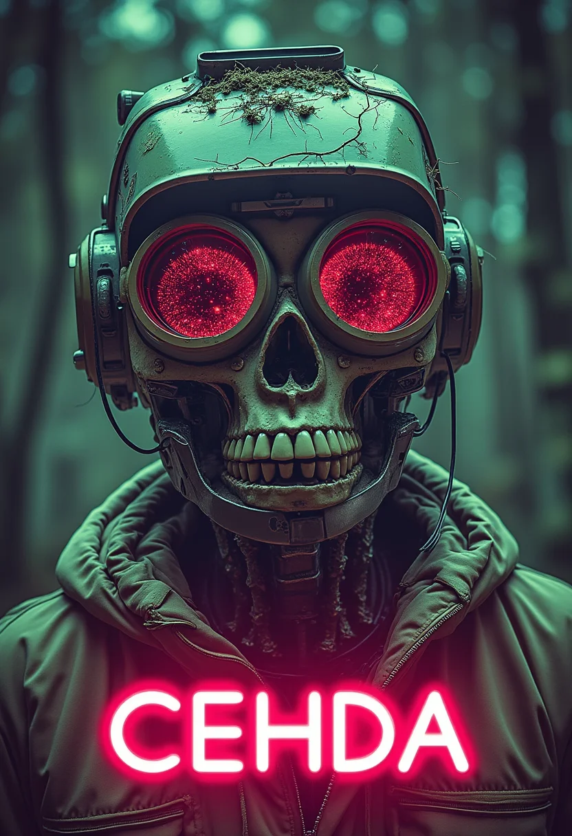 yfg-cehda poster, glow, neon, clean, high key photo, lower thirds text "YFG CEHDA", Skull, vector art, haunted house, zoom layer, indifferent, scanlines, Agustin Fernandez, savanna forest