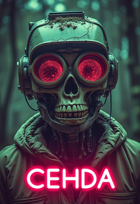 yfg-cehda poster, glow, neon, clean, high key photo, lower thirds text "YFG CEHDA", Skull, vector art, haunted house, zoom layer, indifferent, scanlines, Agustin Fernandez, savanna forest
