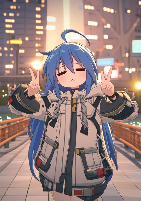 newest, masterpiece, best quality, <lora:zzz3d_vpred:0.8>, (3d:0.8), simple background, blurry background, very aesthetic, mixed media, photo background, very awa, perfect composition
BREAK
outdoors, bridge, river, city lights, night, cityscape,
BREAK
1girl, solo, zenless zone zero, izumi konata, full_body, standing, parka, long hair, blue hair, =_=, :3, double v, head tilt,