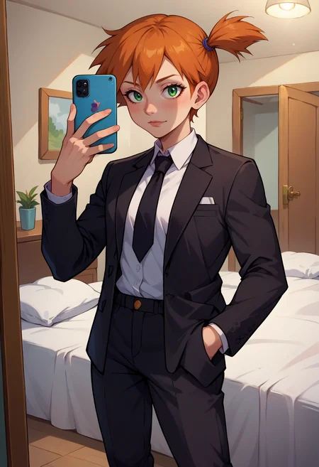 score_9, score_8_up,score_7_up, source_anime, 1girl, solo, <lora:EPpkMisty:1.0>, EPpkMisty, orange hair, short hair, side ponytail, green eyes, business suit, black pants, white collared shirt, black suit, black jacket, black necktie, selfie, taking picture, mirror selfie, bedroom, bed, mirror,