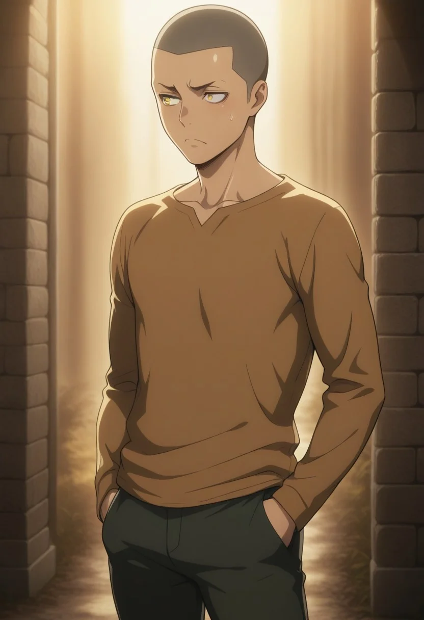 masterpiece, best quality, amazing quality, very aesthetic, absurdres, newest, detailed background, warm natural lighting, lively and bustling atmosphere, background details visible, shiny skin, outdoor, frown,
1boy, ConSpretime, very short hair, buzz cut, yellow eyes, shirt, pants,