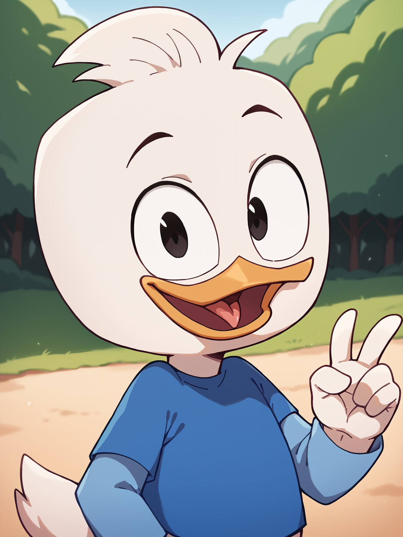 score_9, score_8_up, score_7_up, score_6_up, score_5_up, best quality, highres, source_furry, qppp, upper body
1boy, solo, duck, beak, deweypdxl, detailed background, outdoors, v sign, smile, happy, squinting, short tail, open mouth, tongue, black eyes, white skin, blue shirt, long sleeves, undershirt, hair tuft, looking at viewer <lora:Dewey_Duck:0.9>