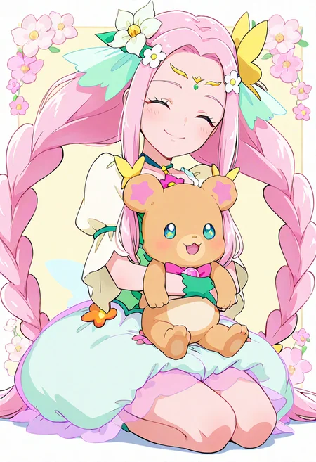 <lora:mahoutsukai_precure_all_in_one_illustXL_locon_v1:0.7> masterpiece, best quality, absurdres, very aesthetic, general, yellow background, multicolored background, simple background, pink background, looking at viewer, happy, facing viewer,
cure felice, 1girl, pink hair, closed eyes, hair flower, smile, wrist cuffs, green choker, sitting, very long hair, twintails, twin braids, closed mouth, kneeling, pink bow, sidelocks, full body, seiza, forehead mark, butterfly hair ornament, white flower, wristband, bubble skirt, hair ribbon, brooch, quad tails, blush, white dress, parted bangs, ^ ^, hair bow, puffy short sleeves, hair intakes, eyelashes, circlet, pink flower, forehead, twin drills, facial mark,
1other, mofurun \(mahou girls precure!\), teddy bear, blue eyes, star in eye, symbol in eye, star-shaped pupils, sparkling eyes, symbol-shaped pupils, open mouth, :d, sitting on lap, sitting on person,