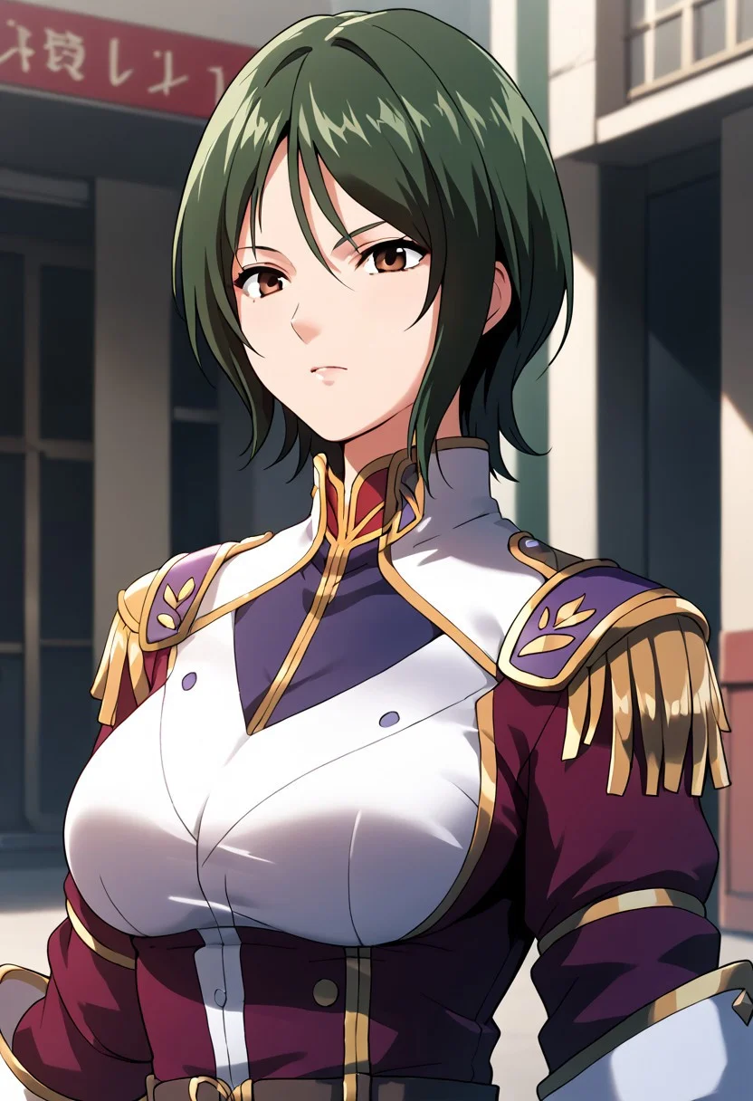 score_9, score_8_up, score_7_up, score_6_up, score_5_up, score_4_up, source_anime, elfried schultz, short hair, green hair, brown eyes, uniform, background, mature woman
