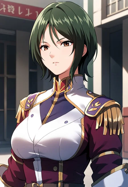 score_9, score_8_up, score_7_up, score_6_up, score_5_up, score_4_up, source_anime, elfried schultz, short hair, green hair, brown eyes, uniform, background, mature woman